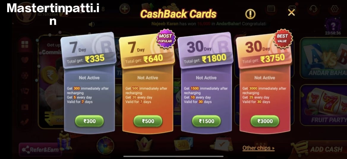 Cash Back Cards Master Teen Patti 2024